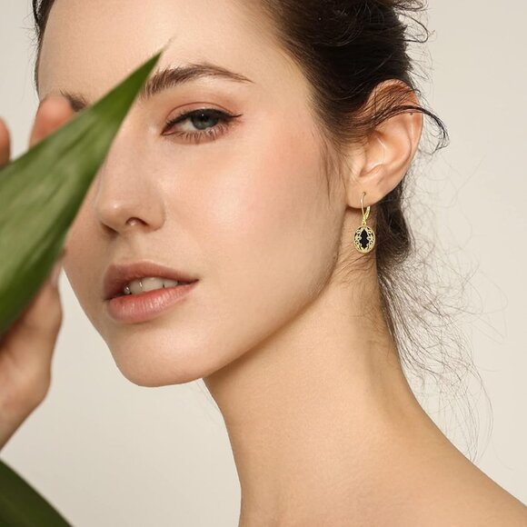 Sterling Silver & 24K Gold Plated Black Onyx Dangle Earrings for Women Girls, El - Picture 2 of 7